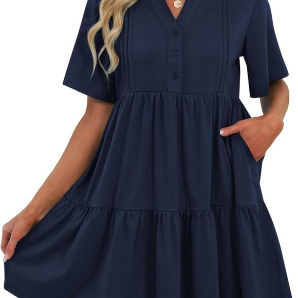 Womens Summer Dress Short Sleeve V Neck A Line Mini Pockets Casual Beach - Picture 1 of 6
